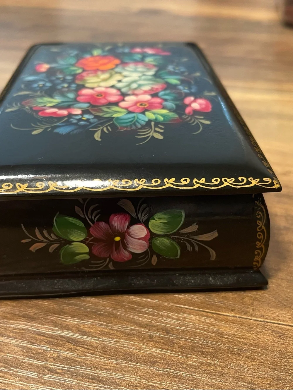 Hand-Painted Floral Lacquer Box - Colorful Bouquet on Black